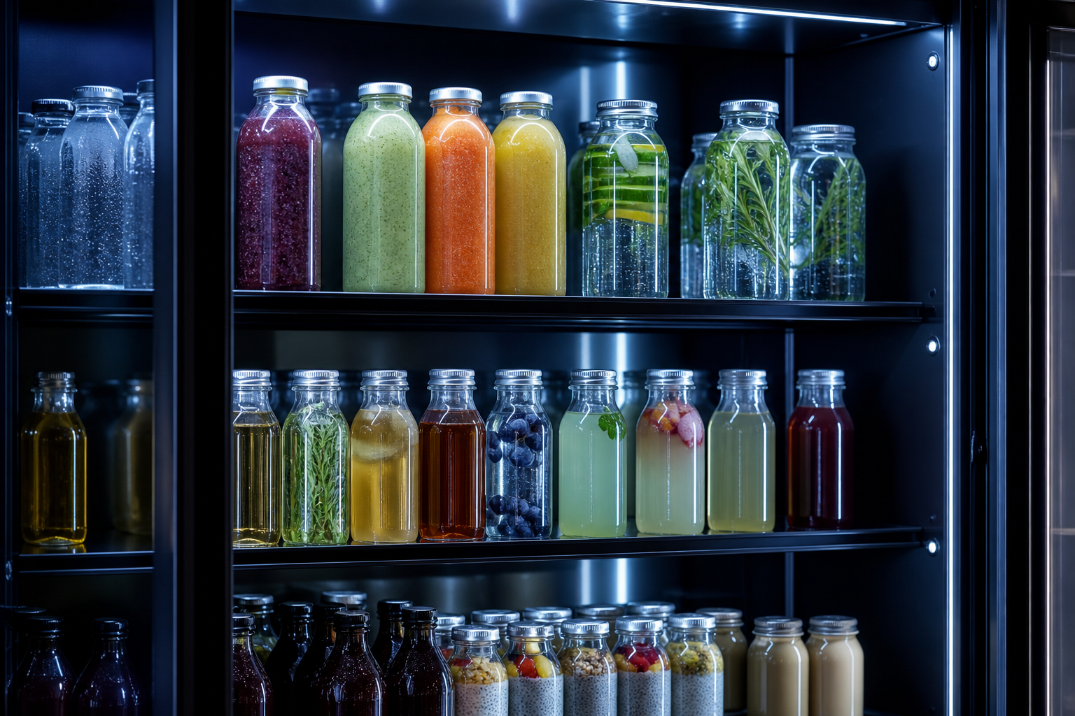 Close-up of a Perch fridge interior: glass bottles, cold-pressed juices, and prepared snacks under LED lighting.