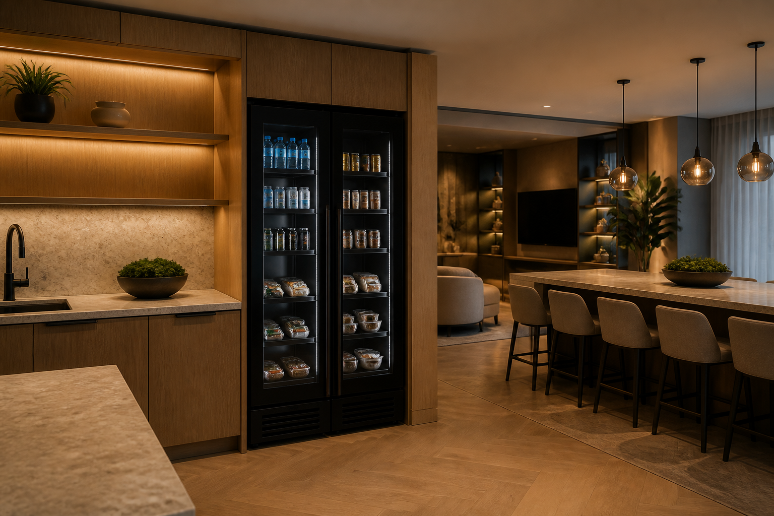 A Perch unit flush-mounted in light oak cabinetry in a luxury apartment kitchen and lounge.