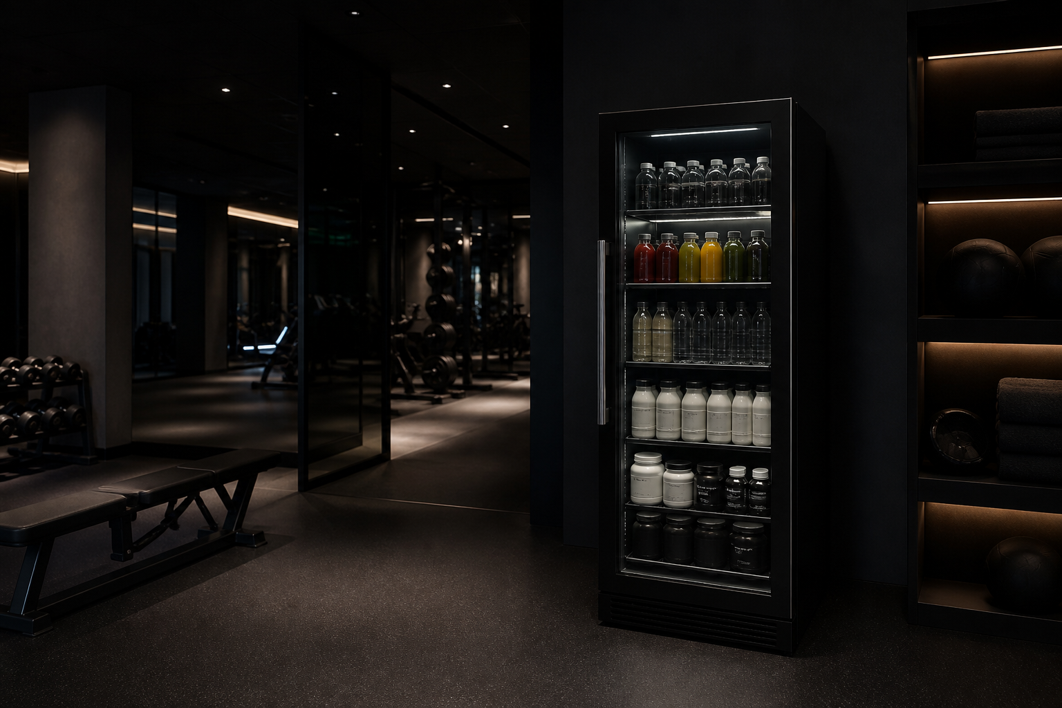 A glass-front Perch fridge stocked with juices and water in a dark, high-end gym.