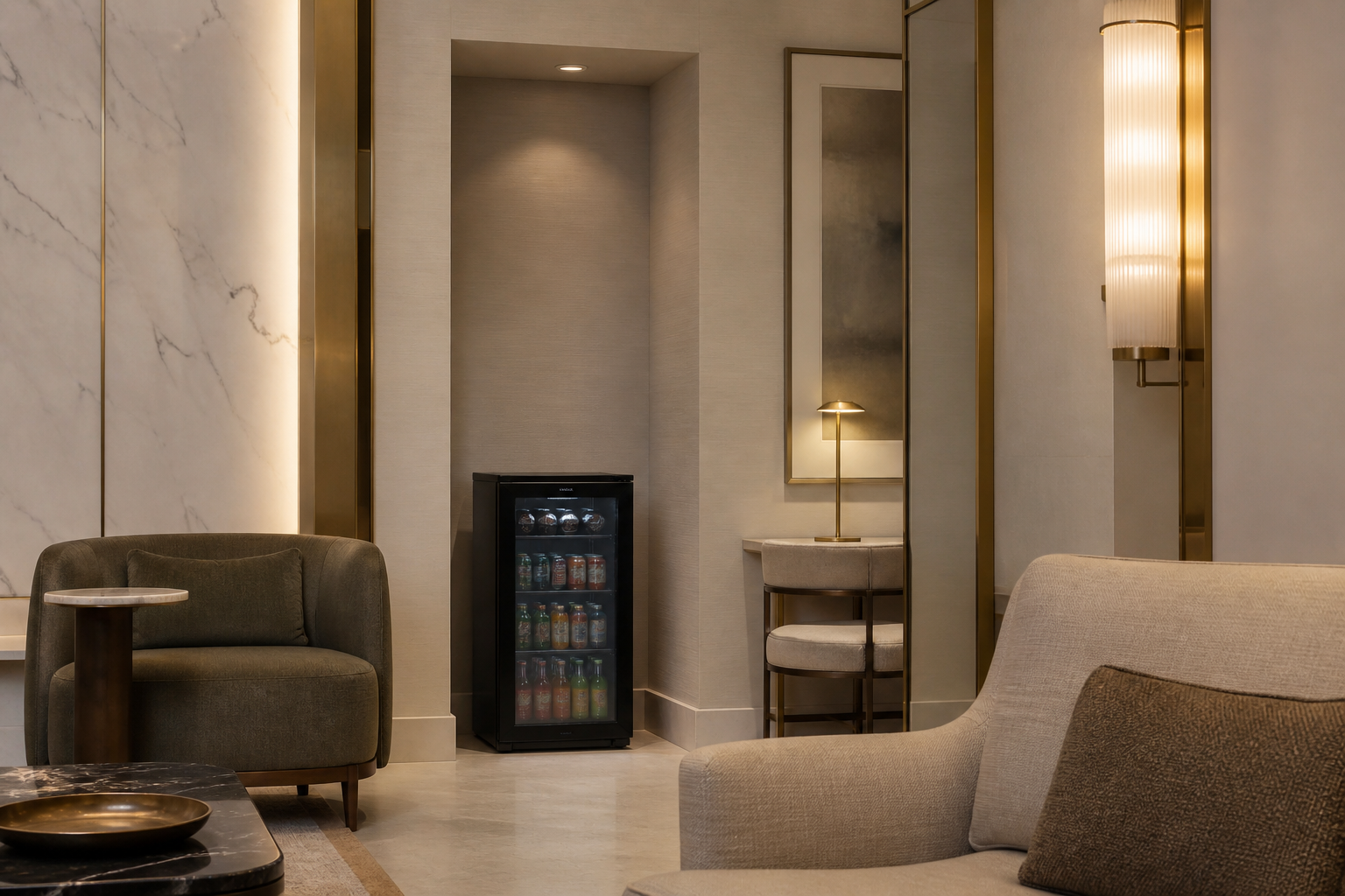 A Perch micro-market recessed into a luxury hotel lounge with marble, brass, and lounge seating.